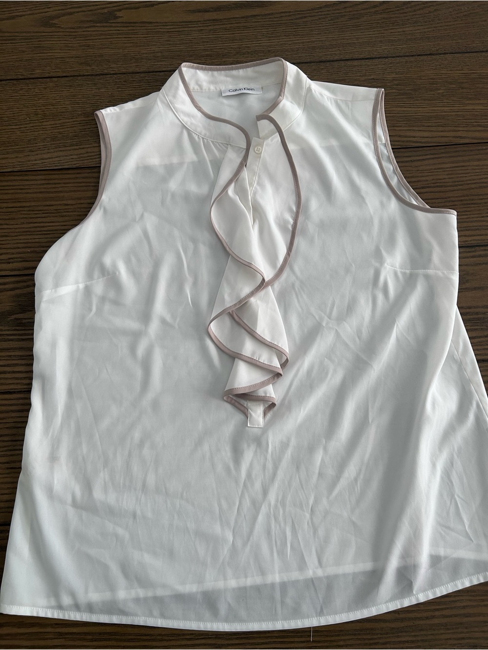 Calvin Klein White Sleeveless Ruffle-Front Camisole with Taupe Trim